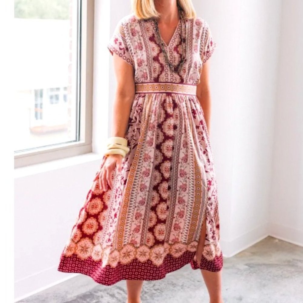 Gal Meets Glam Liza Print Charmeuse Midi Dress Classic Barbiecore